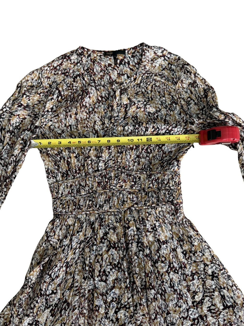 Maje Brown and Cream Floral Smocked-Waist Long-Sleeve Mini Dress - Picture 6 of 8
